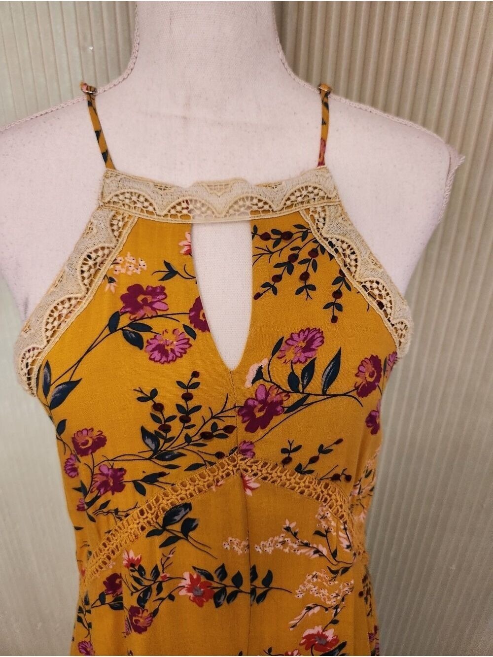 Blue Rain Floral Print Dress Small Yellow Lace Trim Sleeveless Summer Boho - Picture 10 of 16